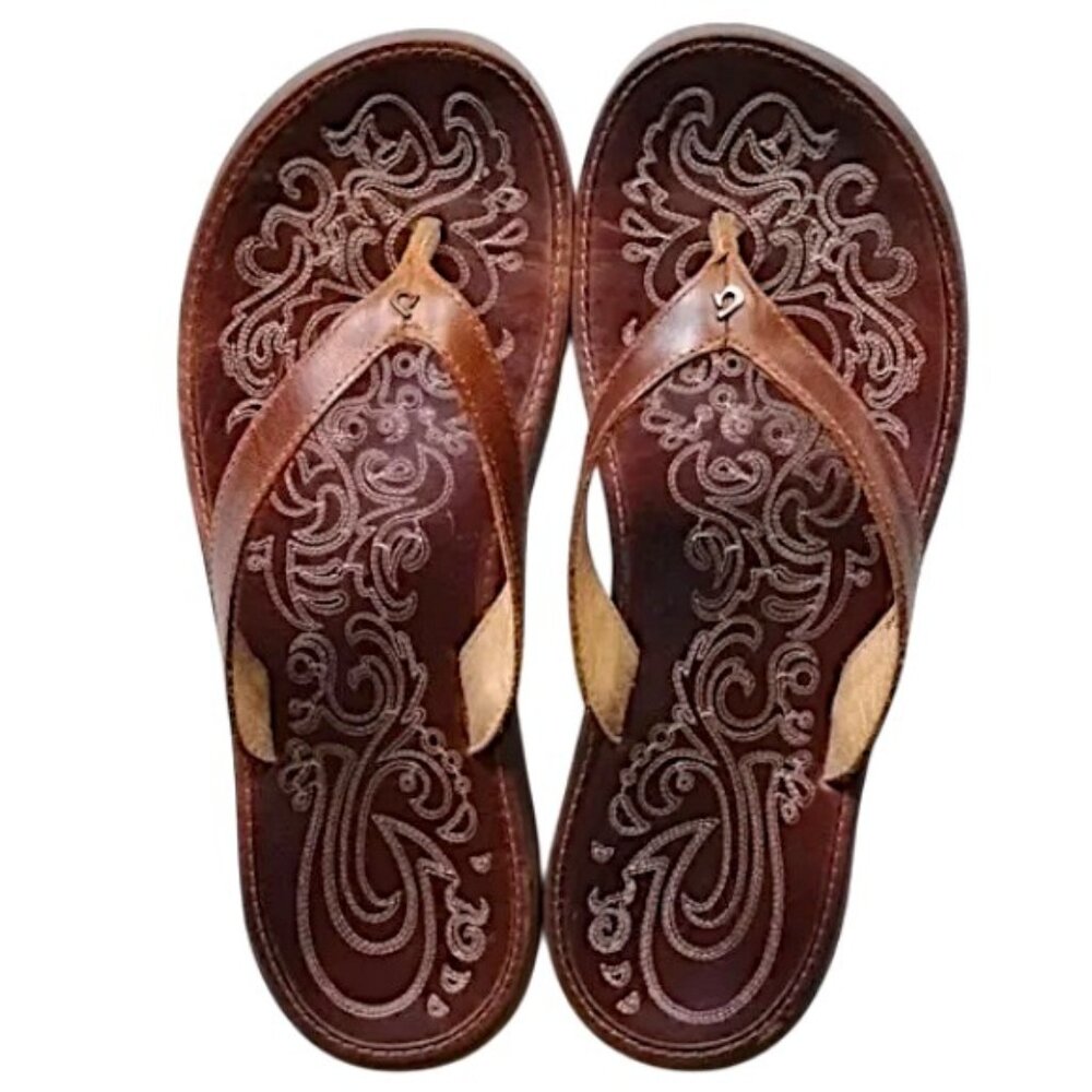 OluKai Paniolo Leather Thong Sandals 9 Brown Floral Topstitching
